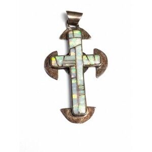 Vintage Zuni Native American Pendant Sterling Cross W/Opal